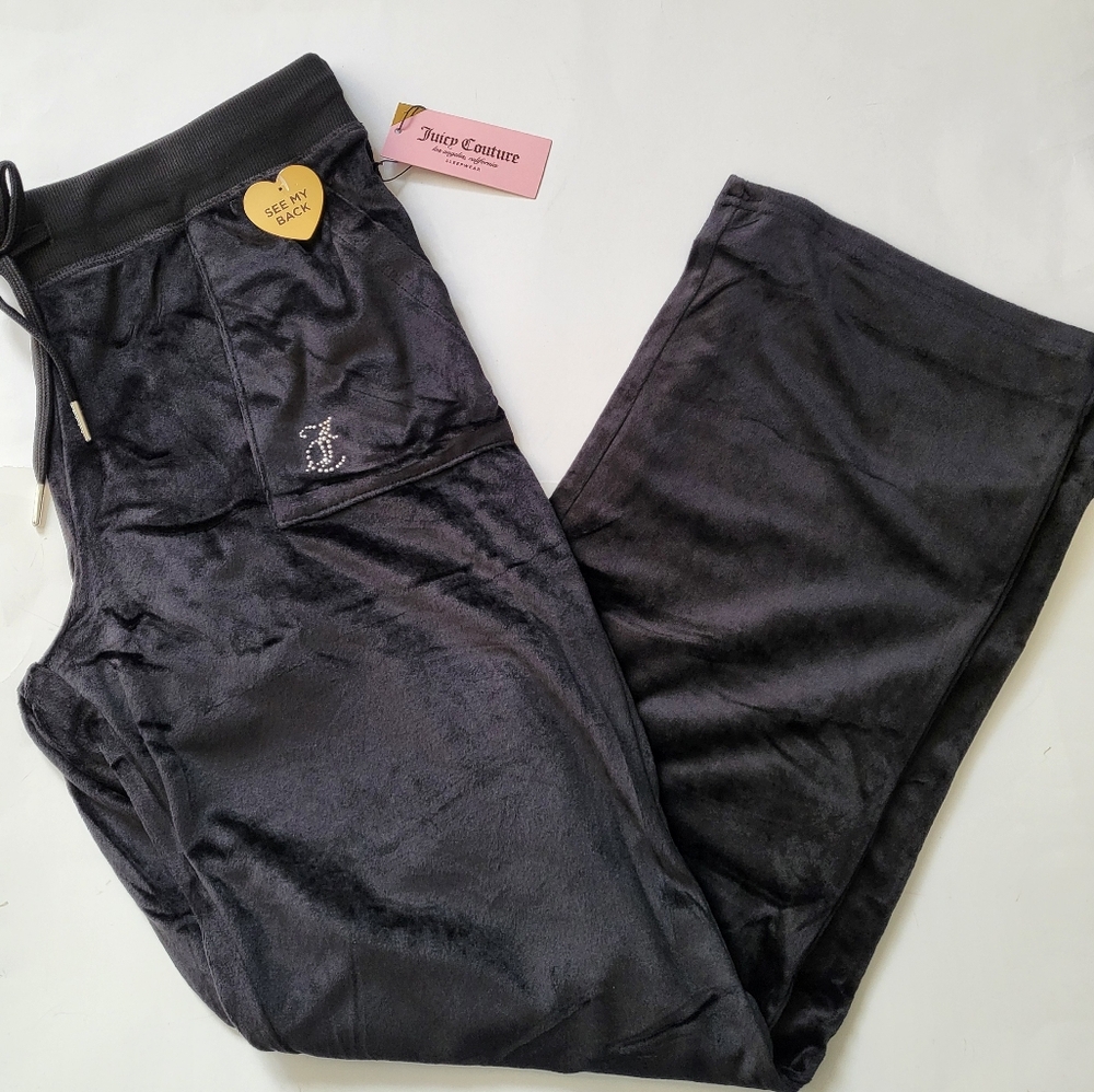 Juicy Couture Back velour pants blink logo Womens Size L XL Black